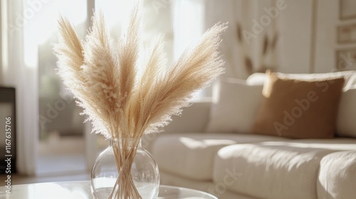 Elegant living room decor featuring dried pampas grass in a glass vase