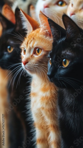Cats of varying colors pose together in a close-up group setting