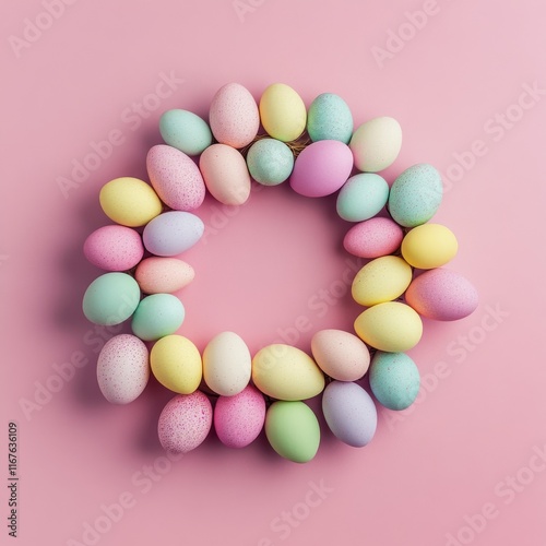 Colorful Easter eggs arranged in a floral nest on a pink background for sprin...
