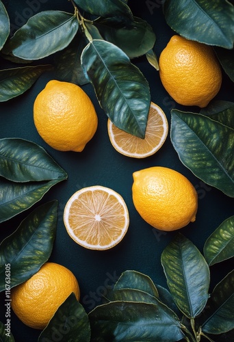 Fresh oranges and green leaves arranged on dark surface for a vibrant natural...