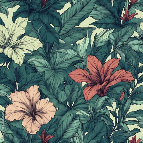 geometric tropical floral patterns in soft pastel colors with sharp outlines 