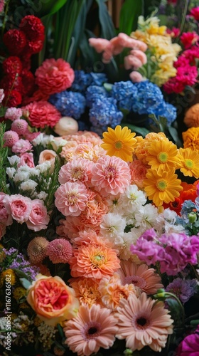Vibrant display of colorful flowers at a local market during springtime