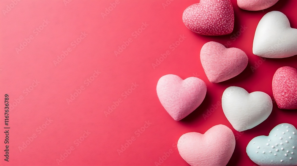 Obraz premium Pink and white hearts on a red background