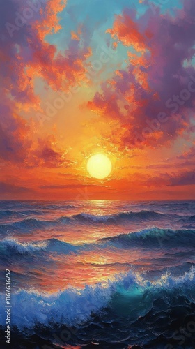 Majestic sunset over the ocean with vibrant colors and gentle waves