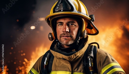A portrait of a firefighter wearing a helmet and fireproof uniform; blurred background; selective focus; first responders and front line service man and woman; fireman and firewoman; fire department