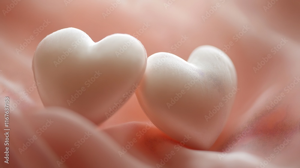 Two White Hearts Resting On Peach Fabric Two White Hearts Resting On Peach Fabric
