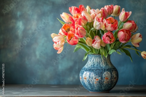 Colorful bouquet of fresh flowers displayed in blue glass vase near sunny window