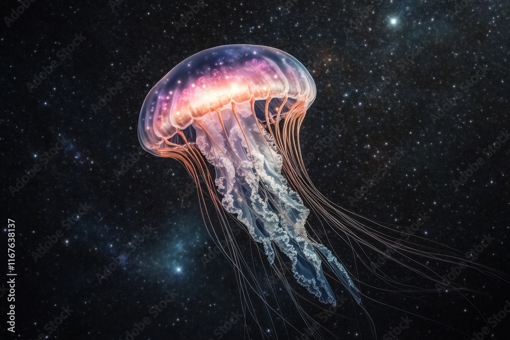 Colorful jellyfish floating in a cosmic background with stars and galaxies Colorful jellyfish floating in a cosmic background with stars and galaxies