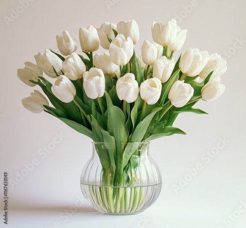 Beautiful white tulips arranged in a clear glass vase on a light background