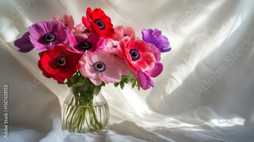 Colorful anemone flowers arranged in a glass vase for a fresh and vibrant hom...