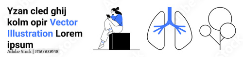 Woman sitting on a block and reading a book, next to minimalist graphics of lungs and balloons. Ideal for e-learning, healthcare, education, wellness, knowledge, mindfulness relaxation. Landing page