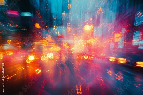 Colorful bokeh reflections on wet surface during nighttime urban setting