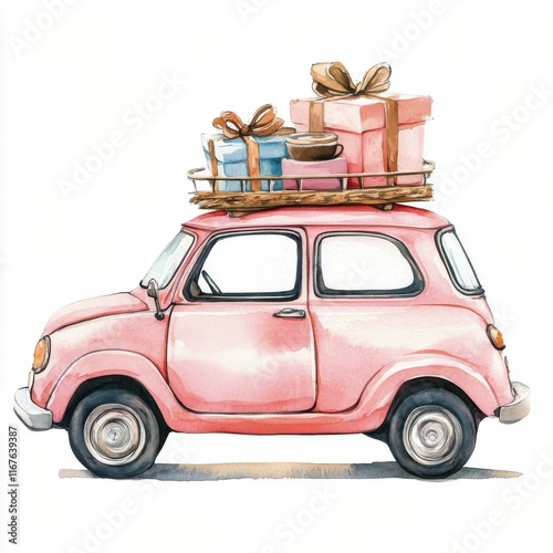Cute pink car with gifts on top perfect for celebrations and festive occasions