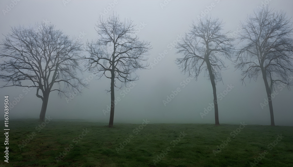 Obraz premium Bare trees standing on green grass in the fog