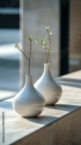 Elegant vases with dried flowers placed on wooden staircase in sunlit interior