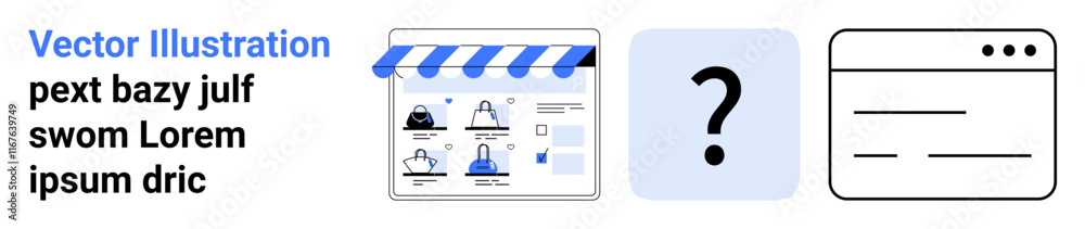 E-commerce storefront icon, a question mark symbol, and a webpage sketch. Objects symbolize online shopping, queries, and website design. Ideal for web development, e-commerce, digital marketing E-commerce storefront icon, a question mark symbol, and a webpage sketch. Objects symbolize online shopping, queries, and website design. Ideal for web development, e-commerce, digital marketing