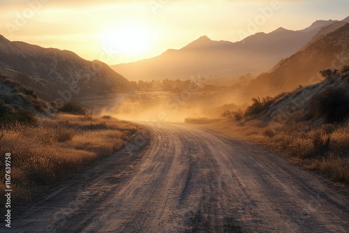 Beautiful sunset with a winding road and a lone tree on a wooden slab in an o...