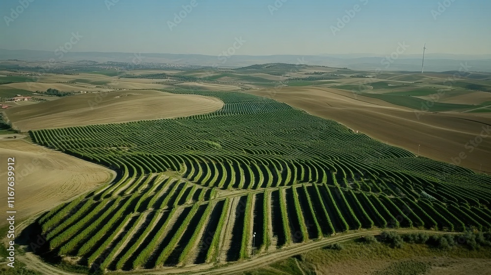 Fototapeta premium Vineyard harvesting process in rolling hills aerial view nature landscape photography