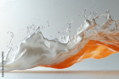 Dynamic splash of milk and orange liquid creating a striking visual effect in...