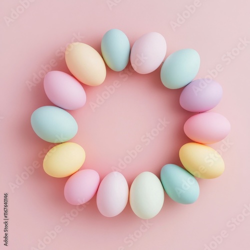 Colorful Easter eggs arranged in a floral nest on a pink background for sprin...