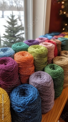 Colorful yarn balls arranged symmetrically on a blue surface for crafting act...