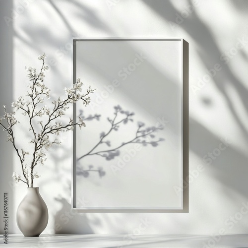 Framed empty canvas on a wall with decorative plants casting shadows in warm ...