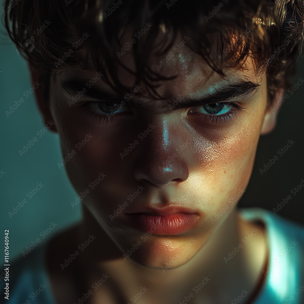 A young boy stares intensely with striking blue eyes. Shadows play across his face, highlighting his expression in a dimly lit environment, conveying deep emotion A young boy stares intensely with striking blue eyes. Shadows play across his face, highlighting his expression in a dimly lit environment, conveying deep emotion
