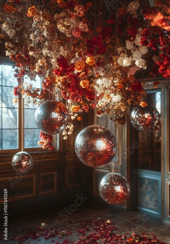 Decorative floral installation with hanging mirrors in bright indoor space