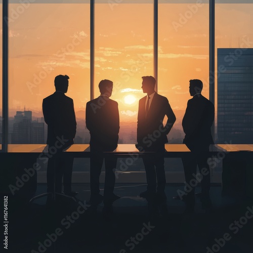Business professionals enjoying a sunset view from a high-rise office