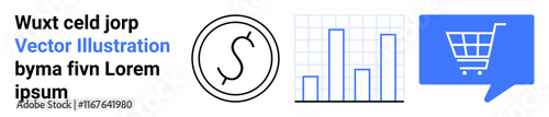 Shopping cart icon inside blue speech bubble, bar graph with three bars, abstract circular design, placeholder text Wuxt celd jorp. Ideal for business, finance, e-commerce, reports, presentations