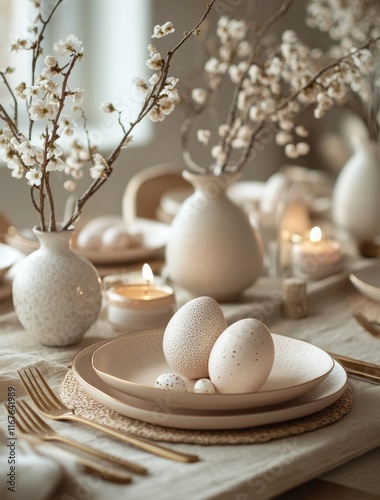 Elegant table setting with eggs and flowers in a cozy dining space during the...