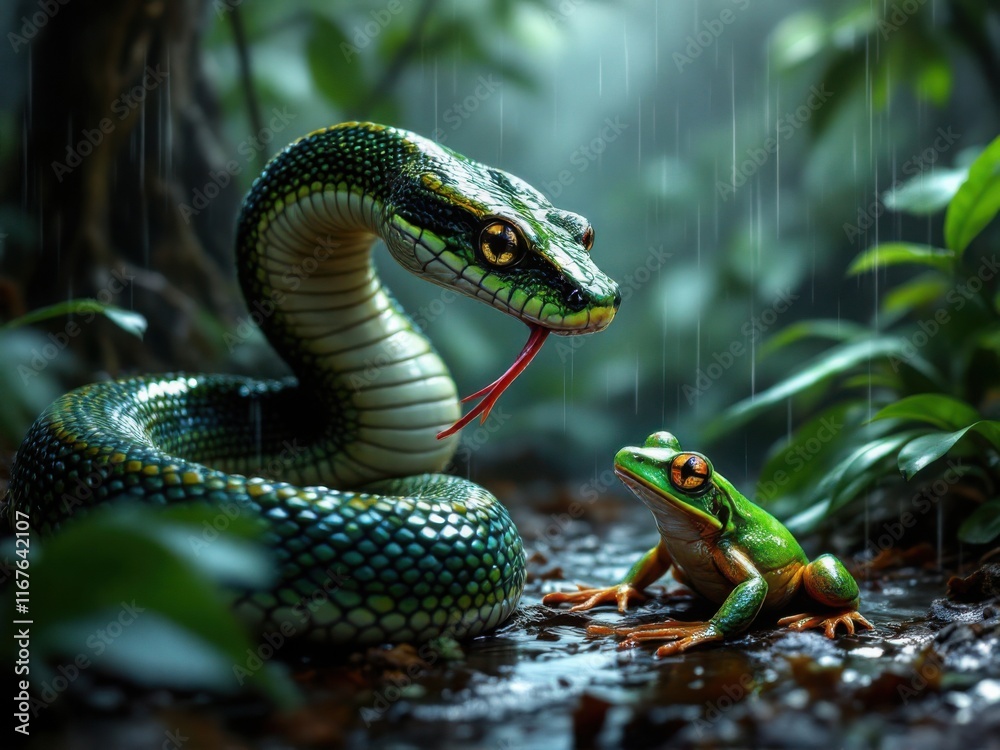 Green Snake Stalking a Frog in the Rainforest During Rain Green Snake Stalking a Frog in the Rainforest During Rain