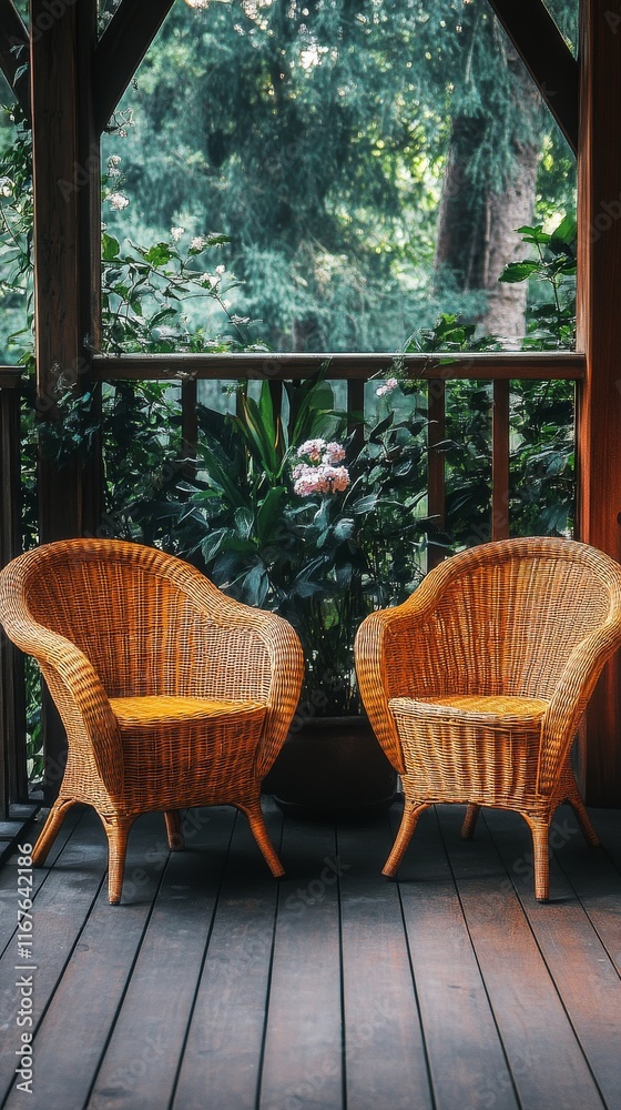 Cozy wicker chairs in a sunlit room surrounded by lush green plants Cozy wicker chairs in a sunlit room surrounded by lush green plants
