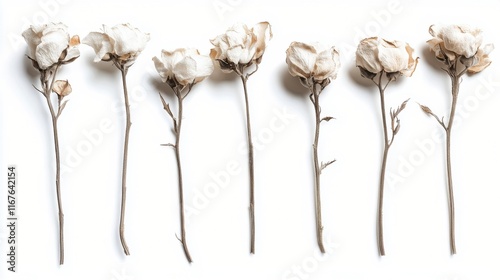 Dried white flowers arranged artistically on a plain background