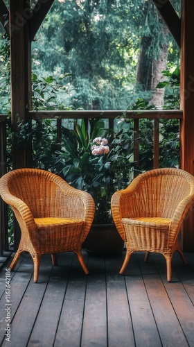 Cozy wicker chairs in a sunlit room surrounded by lush green plants