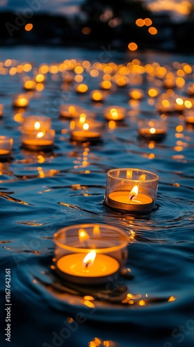 Floating candles illuminate a serene lake at sunset on a tranquil evening