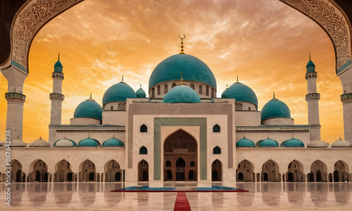 Hazrat sultan mosque showing stunning ornaments at sunset photo