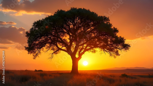 Majestic Tree at Sunset over a Golden Field