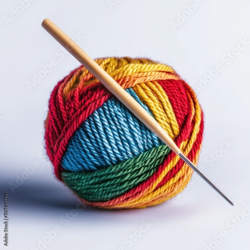 A vibrant ball of yarn featuring red, yellow, green, and blue hues sits on a light surface. A wooden knitting needle is positioned diagonally across the yarn, ready for crafting