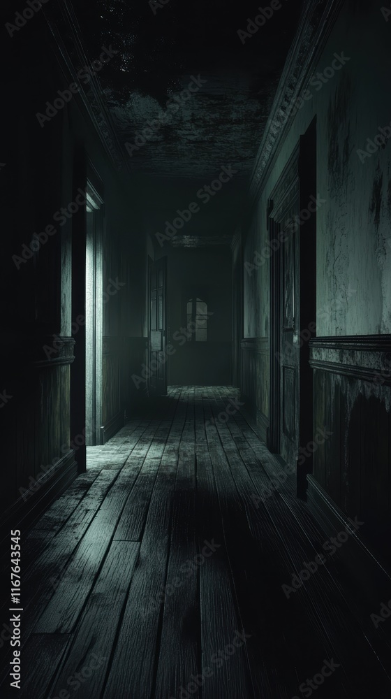 A long, narrow hallway in an old, deserted building is illuminated by a sliver of light. The wooden floor is faded and creaky, adding to the unsettling ambiance A long, narrow hallway in an old, deserted building is illuminated by a sliver of light. The wooden floor is faded and creaky, adding to the unsettling ambiance