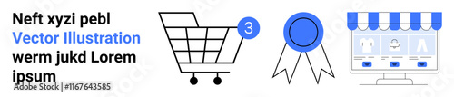 Shopping cart with 3 items, award badge, and online store interface with three products. Ideal for e-commerce, online shopping, digital marketing, retail, customer engagement, product listing, sales