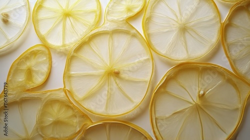 Bright yellow lemon slices arranged in a decorative pattern on a light backgr...