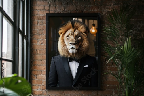 As a framed picture, show a lion in a stylish suit with a solemn look photo