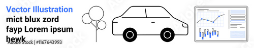 Car with balloons, analytics chart, and dummy text. Ideal for business presentations, transportation topics, data analysis, leisure activities, automotive industry, celebrations, marketing. Landing