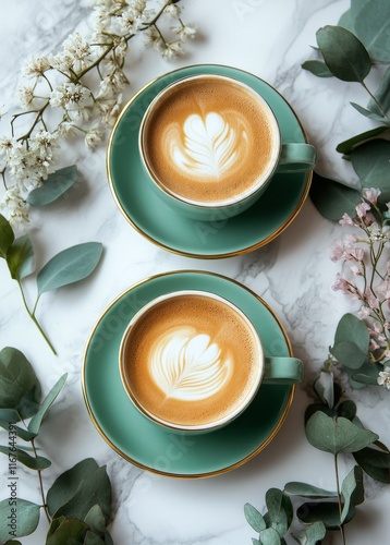 Delicate coffee cups surrounded by flowers and greenery in a light setting