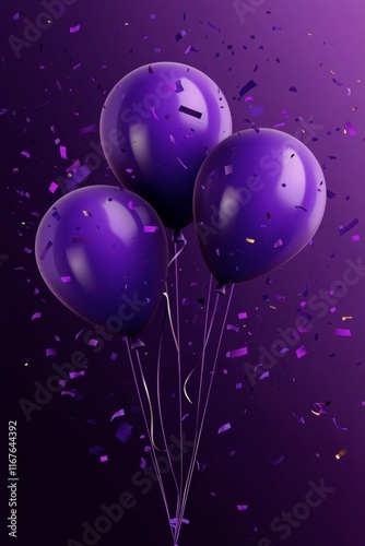 Celebration with purple balloons and confetti on a backdrop for a festive event