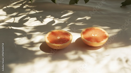 Freshly cut grapefruit halves casting shadows on a light background