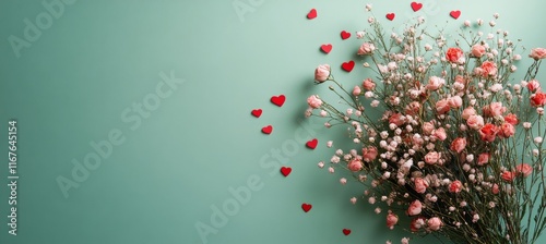 Beautiful bouquet of flowers with heart decorations on a turquoise background