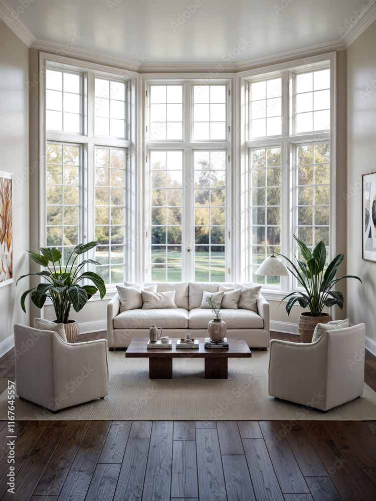 A lifelike photograph of a reserved, clean, contemporary living room with modern furniture and beautiful floor to ceiling windows with view of backyard in the back A lifelike photograph of a reserved, clean, contemporary living room with modern furniture and beautiful floor to ceiling windows with view of backyard in the back