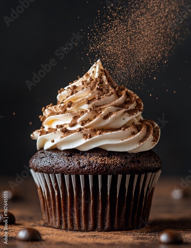 Delicious chocolate cupcake topped with creamy frosting and cocoa dusting in ...